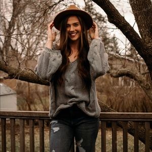 V-Neck Braided Knit Sweater